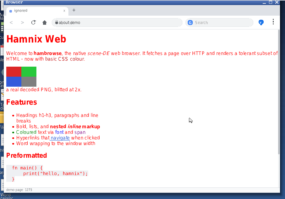 The Hamnix browser rendering its built-in demo page