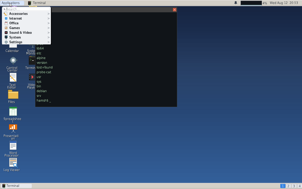 Hamnix Linux running on an installed UEFI and ext4 disk, with a terminal listing the root directory