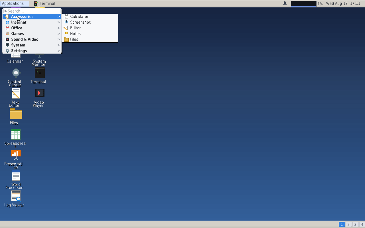 The Hamnix Linux desktop with the Applications menu open and the Accessories submenu flying out