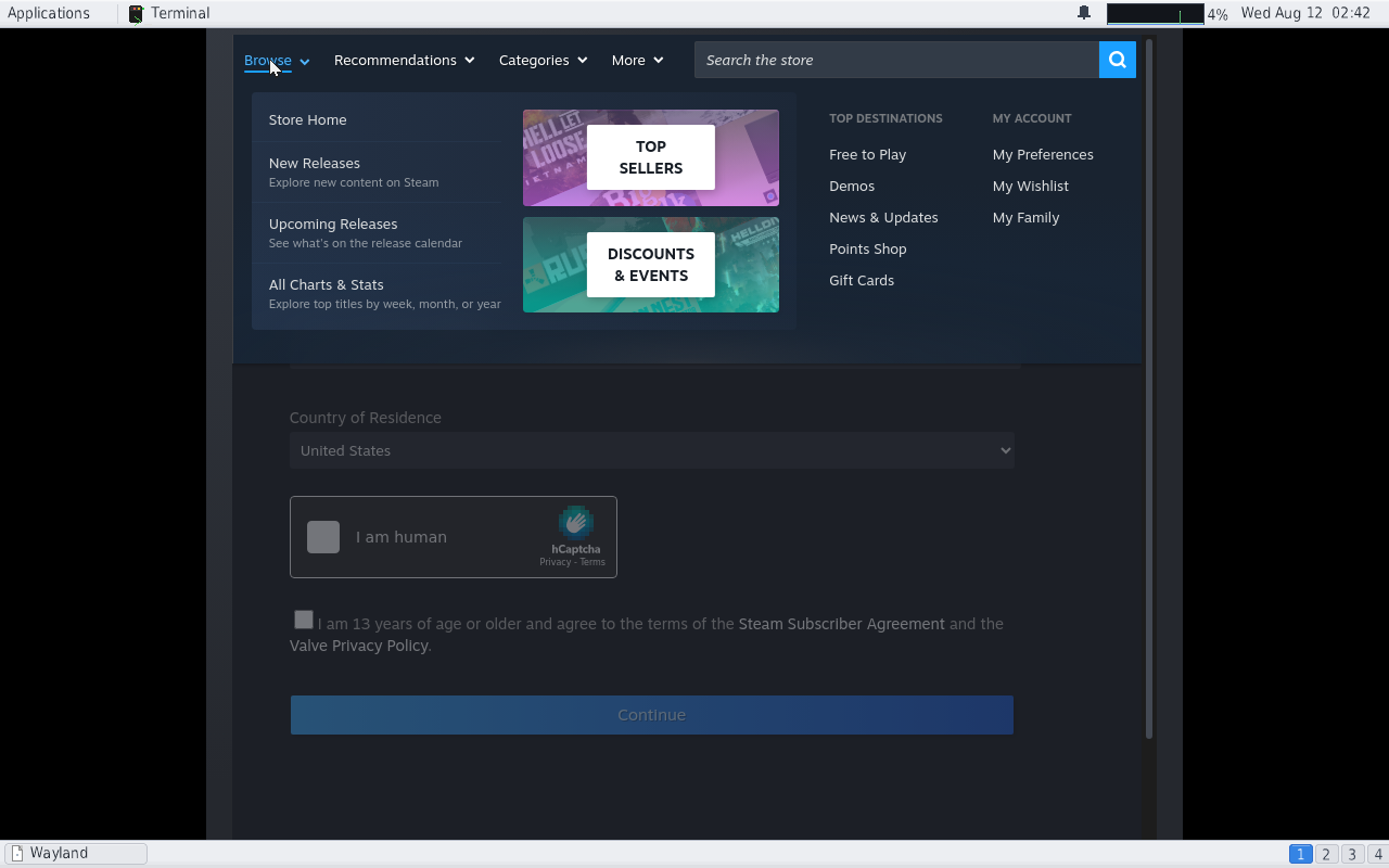 The Steam client showing its store Browse menu with cover artwork, inside a Hamnix window