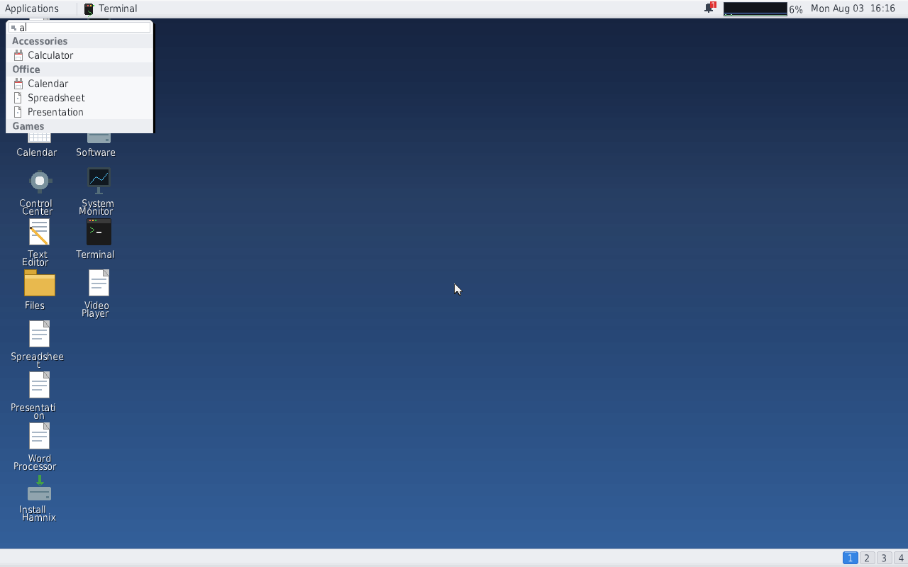 The Hamnix application menu open, listing installed applications